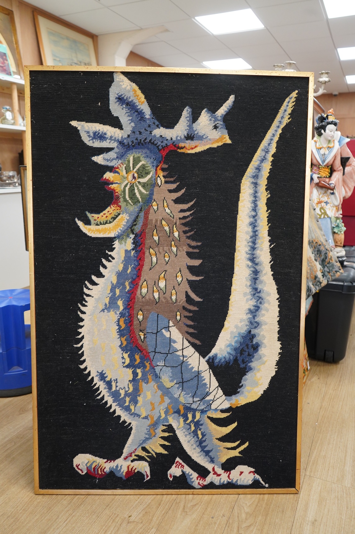 A group of three large modern wool work unframed panels together with two similar framed panels, largest framed panel 138cm x 86cm